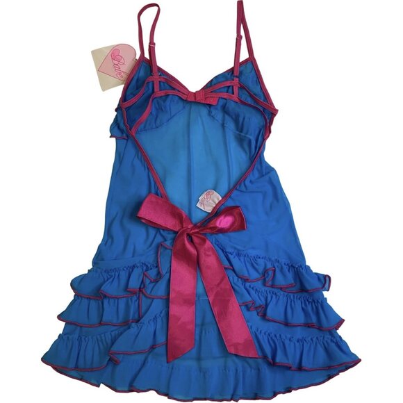Babe Babydoll Lingerie Womens Small Blue Pink Ruffle Sheer Chemise Set Bow - Picture 2 of 6